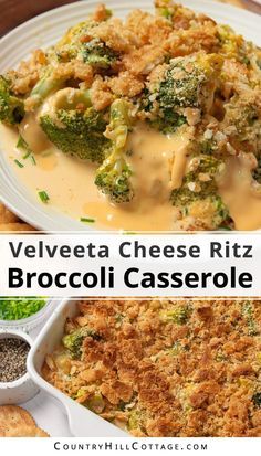 broccoli casserole with cheese sauce on top and in a white dish