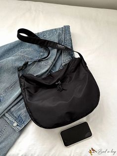 BirdinBag - Stylish Medium Black Hobo Bag for College & High School, Perfect for Outdoors & Travel Black Hobo Bag With Removable Pouch For School, Black Handheld Bags For School, Black Handheld Bag For School, Handheld Black Bag For School, Black Handheld School Bag, Black Canvas Pouch Bag With Adjustable Strap, Black Handheld Canvas Bag For School, Functional Black Bag With Adjustable Handle, Functional Black Bags With Adjustable Handle