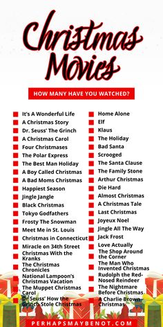 the christmas movies list is shown in red and white