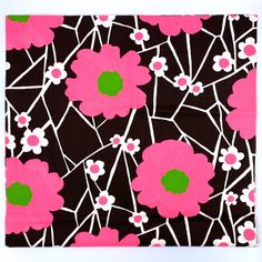 pink and green flowers on black background with white lines in the center, square shape