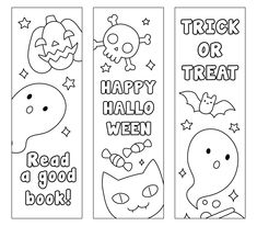 halloween bookmarks with the words trick or treat, happy halloween and read a good book