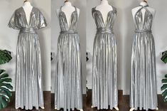 "METALLIC SILVER Convertible Dress New Metallic Fabric for 2024!  ❤ ❤ SIZING & DRESS MEASUREMENTS : ❤ ❤ Average: - Waist circumference from 24 inches to 42 inches Maximum stretchiness Size 0-14 Plus - Waist circumference from 34 inches to 52 inches Maximum stretchiness Size 16-26 Length: Measure from your high waist (Just above your belly button) to the floor. Choose Floor LENGTH : from Waistline to Bottom: 44 inches or 46 inches. ** PLEASE MEASURE YOUR LENGTH BEFORE ORDERING. ** SWATCH SAMPLES Multiway Dress, Dress Silver, Infinity Dress, Convertible Dress, Dress Wrap, Metallic Fabric, Dress Measurements, Waist Circumference, Dress Maxi