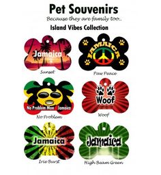 some dog tags with the words pet souvenirs in different colors and designs on them