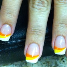 candy corn nails                                                                                                                                                                                 More Candy Corn French Tip Nails, Trendy Nails Halloween, Fall Themed Nails, Corn Theme, Corn Nails, Theme Nails, Candy Corn Nails, Fingernail Designs, Manicure Nail Designs