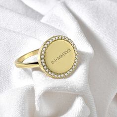 CZ Personalized signet ring for her, Handwriting women band in 14K gold, Custom gift for wife, Promise ring, Signature gift for mother This Name initial handwriting women ring is the perfect gift for mom. Customize your own necklace! Engrave kids names on varying size disc to create a layered ring look. Offered in quality 14k gold fill, sterling silver, and rose gold fill, a beautiful piece your wife, mom, grandma, best friend, any special woman in your life will enjoy and wear close to their he Minimalist Gold Rings With Engraving Option, Personalized Round Crystal Ring For Anniversary, Dainty Engraved Round Midi Rings, Minimalist Round Signet Ring With Vs Clarity, Minimalist Tarnish Resistant Diamond Ring Gift, Minimalist Vs Clarity Round Signet Ring, Minimalist Tarnish-resistant Diamond Ring For Gift, Minimalist Tarnish-resistant Diamond Ring Gift, Minimalist Engraved Round Cut Ring As Gift