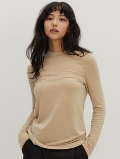 Color : BeigeCountry of Origin : Republic of Korea Fitted Beige T-shirt For Fall, Basic Beige Tops For Fall, Basic Beige Crew Neck Top, Beige Crew Neck T-shirt For Fall, Fall Crew Neck Beige Top, Everyday Beige T-shirt For Fall, Beige Crew Neck Top For Everyday, Everyday Beige Crew Neck Top, Long Sleeve Beige T-shirt