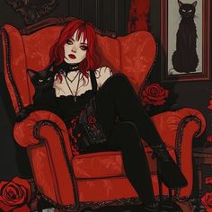 a woman sitting in a red chair with a black cat on her chest and legs