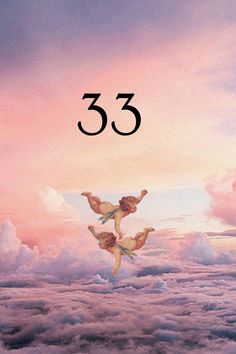 two cherubs flying in the sky above clouds with numbers 3 - 5 on them