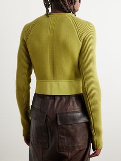 Confident dressers turn to Rick Owens for its bold, statement-making designs. In a sage-green shade the label calls 'Acid', this cropped sweater has been been crafted in Italy from a blend of cashmere and wool, two premium fibres renowned for their softness and warmth, and knitted with ribbed sleeves and a signature centre seam down the back. Small to size. See Size & Fit notes. Wool Blend Sweater, Rick Owens, Cropped Sweater, Shades Of Green, Top Brands, Wool Blend, Fashion News, Cashmere, Men Sweater