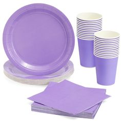 purple paper plates, napkins and cups on a white background