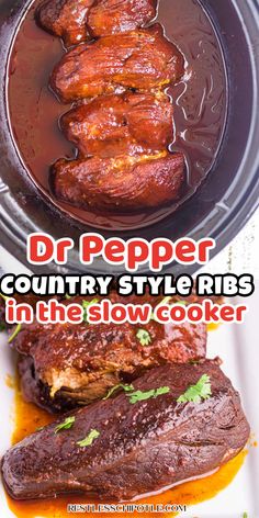 the recipe is shown with meat and sauce on it, including ribs in the slow cooker