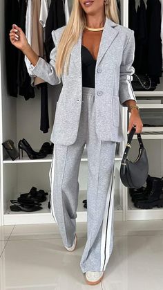 Women's Lapel Long Sleeve Casual Suit Traje Casual, Top And Pants Set, Casual Stripes, Casual Suit, Loose Pants, Collar Top, Casual Sets, Look Casual