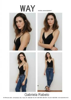 four photos of a woman in black top and jeans with her hands on her hips