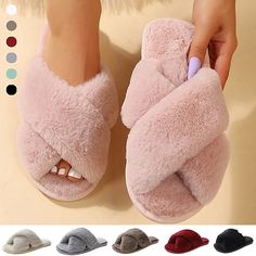 Women's Slippers Fuzzy Slippers Fluffy Slippers House Slippers Warm Slippers Home Daily Winter Flat Heel Cute Casual Comfort Satin Faux Fur Loafer Solid Color Wine Red Bean Paste off white