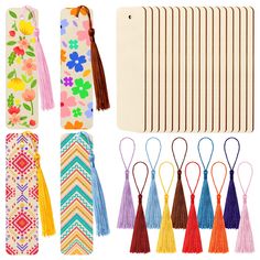 several different types of tassels are shown in various colors and designs, including one with