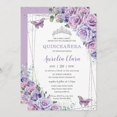 a purple and white wedding card with flowers on the front, in an ornate frame