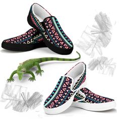 Custom-designed Aztec themed pattern on a super comfy slip on shoe. Mexican-style Southwestern brightly colored geometric print. This bold pattern is inspired by the wonderful artwork of Native Americans, Mexican artisans, and the Aztecs. Their view of their world and their artistic contributions delight us to this day. These look great with any casual style. These shoes are built to last and look great even after wearing them for awhile.  Please choose both a size and sole color (black or white Shoes Western, Southwest Print, Western Aztec, Slipon Shoes, Custom Design Shoes, Pattern Shoes, Women's Slip On Shoes, Black And White Shoes, Flat Shoe