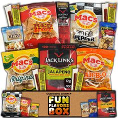 an assortment of snacks in a box with the caption fun flavors 20 % off