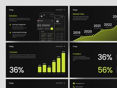 four black and green powerpoint presentation templates with graphs, bar chart, phone