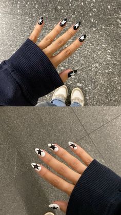 #nails #stars #blackandwhite #nailart Black And White Stars Nails, Winter Nails Stars, Black Cross Nail Designs, Easy Black And White Nail Designs, White Nails Black Stars, Big Star Nails, One Hand White One Hand Black Nails, Black And White Nails Aesthetic, Star Nails Blue