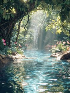 a river surrounded by lush green trees and flowers with sunlight streaming through the leaves over it