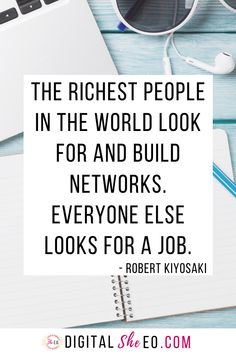 a desk with a laptop, notebook and headphones on it that says the highest people in the world look for and build networks everyone else looks for a job