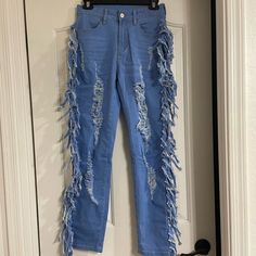 Women’s Size Small Distress With Side Fringe High Waist Skinny Fit Never Worn Blue Cotton Bottoms With Fringe, Summer Blue Fringe Jeans, Fitted Blue Bottoms With Fringe, Fitted Fringe Jeans For Spring, Trendy Blue Jeans With Fringe, Trendy Blue Fringe Jeans, Fringe Jeans, Side Fringe, Distressed Jeans