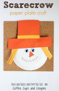 this paper plate craft is made to look like a scarecrow with orange hat and nose