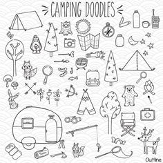 camping doodles are shown in black and white, with the words camping doodles