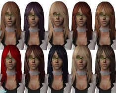 many different colored wigs with glasses on each woman's face, all in various colors