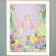 a painting of two seahorses in the ocean with corals and starfish