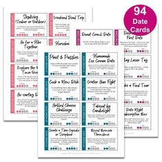 four different printable coup cards with the text, date cards and price tags on them