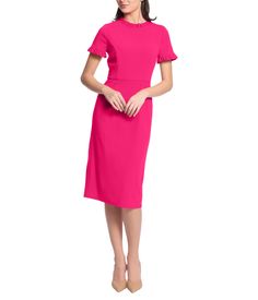 Maggy London fully lined Scuba Crepe ruffle collar slant pocket sheath midi dress with short sleeves Material: Scuba Crepe Mock Neck Short Sleeve, Missy Dresses, Spring Wardrobe Essentials, Maggy London Dresses, Fashion Forecasting, Essential Dress, Spandex Dress, Maggy London, Midi Sheath Dress