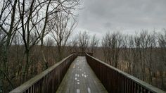 a long wooden bridge over a river surrounded by trees on a cloudy day in the woods