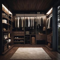 a walk in closet with lots of clothes hanging on the walls and drawers, along with an area rug