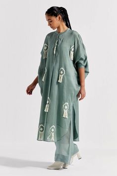 Jade chanderi shirt style tunic with abstract embroidery, fringed detailing and front placket. - Aza Fashions Festive Green Dress With Tassels, Festive Green Tassel Dress, Spring Tunic Kaftan With Tassels, Spring Kaftan With Fringe, Spring Tassel Kaftan, Co Ords Outfits, Abstract Embroidery, Green Tunic, Pant Set For Women