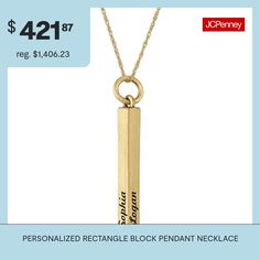 A new way to display all your family member's names, this rectangle block pendant necklace goes with everything too. Made in America.Jewelry Closure: Spring-ring ClaspPendant Size: 26.50mmx2.90mmPersonalize: up to 4 names,1 per side, up to 10 characters eachCare: Wipe CleanJewelry photos are enlarged to show detail.Features: Family Jewelry, Personalized, Quick ShipMetal Color: YellowChain Length: 18 InchChain Width: .65 MillimetersChain Construction: RopeMetal: 10k GoldNecklace Type: Pendant Ne… Custom Name Rectangular Jewelry For Anniversary Gift, Personalized Rectangular Pendant Necklace For Her, Rectangular Keepsake Jewelry For Mother's Day, Gold Rectangular Pendant Necklace For Mother's Day, Personalized Rectangular Pendant Name Necklace For Everyday, Personalized Rectangular Pendant Necklace For Keepsake, Personalized Rectangular Pendant Necklaces For Memorial, Family Jewellery, Spring Rings