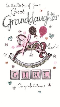 a birthday card with a pink horse on top of it and balloons in the air