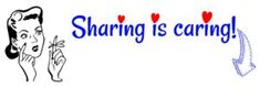 an image of sharing is caring sign with cartoon character pointing finger at heart shaped arrows