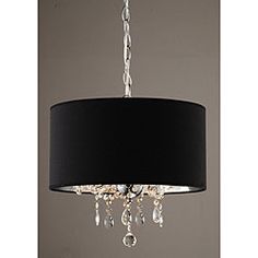 a chandelier hanging from the ceiling with black shades and crystal drops on it