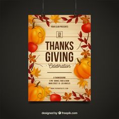 a thanksgiving flyer with autumn leaves and pumpkins on the wooden planked wall,