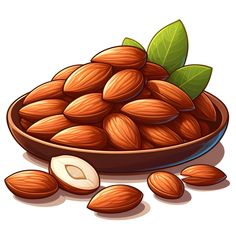 a bowl full of almonds with leaves on top