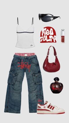 #red #stussy Stussy Jeans, Stussy Outfit, Y2k Fashion Street Styles, Stussy Clothing, Baggy Jeans Outfit, Outfit Streetwear, Fasion Outfits, Streetwear Fits