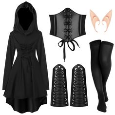 a women's outfit with hood, boots and stockings