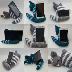 several photographs of cell phones in knitted animal outfits, with one holding a laptop and the other laying down