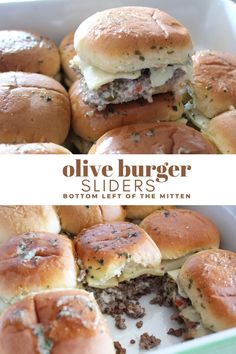 several sliders in a white dish with the words olive burger sliders below them