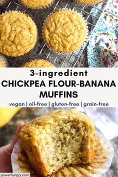 three ingredient chickpea flour - banana muffins are stacked on top of each other