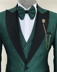 a green tuxedo with black lapel and white shirt