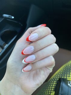 Christmas Nails 2023 Almond Shape, Red And White French Tip Nails Almond, French Red And White Nails, Holiday Nails French Tip Red, Red And White Nail Inspo Acrylic, Red Base White French Tip, Cute Nails Red And White, Cute White And Red Nails, White Red French Nails