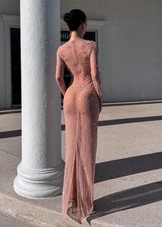 This Long Sleeve Sparkly Mesh Maxi Dress is sure to make you stand out in any crowd. With its mesh fabric and sparkle crystal embroidery, this elegant and eye-catching piece is sure to turn heads. Featuring long sleeves and a back split for added style, as well as an O-Neck for a comfortable fit, this dress offers a luxurious style that's perfect for any special occasion. Fit Type: Regular Fit Fabric: High Stretch Material: Polyester Beige Maxi Dress, Nude Maxi Dresses, Mesh Gown, Open Back Maxi Dress, Sheer Maxi Dress, Minimal Accessories, Mesh Maxi Dress, Full Sleeves, Sheer Dress